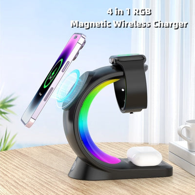 4-in-1 magnetic wireless charger with RGB lighting for fast charging smartphones and AirPods.