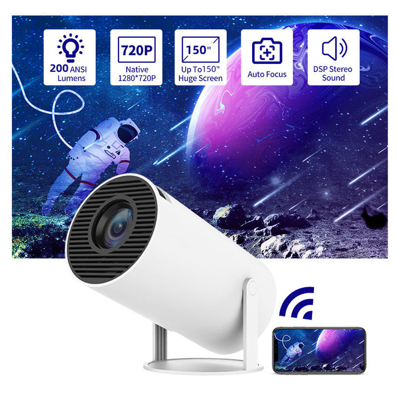 Portable projector with 720P native resolution, 180-degree projection angle, automatic focus, and DSP stereo sound.